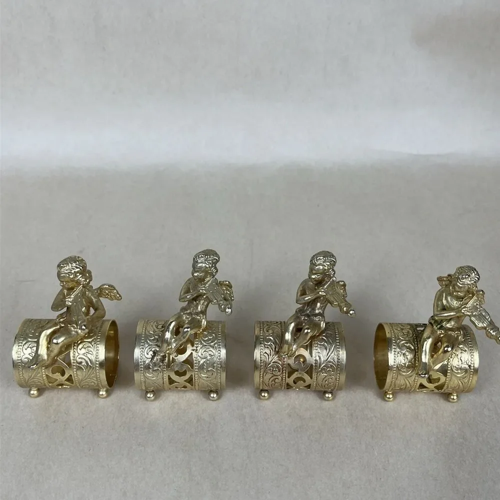 VTG 8pc Gold Tone Metal Angel Playing Violin Filigree Napkin‎ Ring Holder Signed